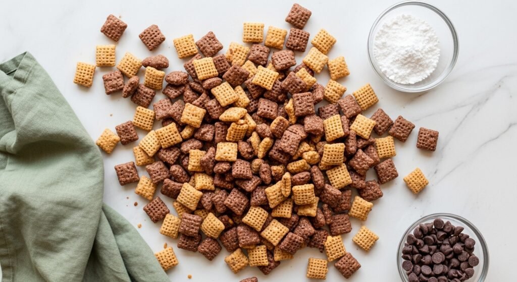 How to Make Muddy Buddies Chex Mix That Is Coated in Chocolate Peanut Butter and Powdered Sugar